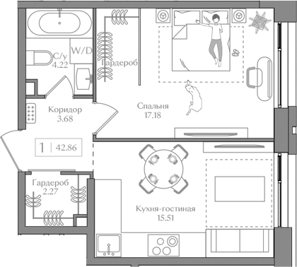 Планировка — Преображенская площадь, 2-комн., 43 м²