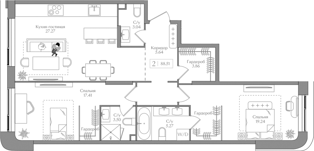 Планировка — Преображенская площадь, 3-комн., 89 м²