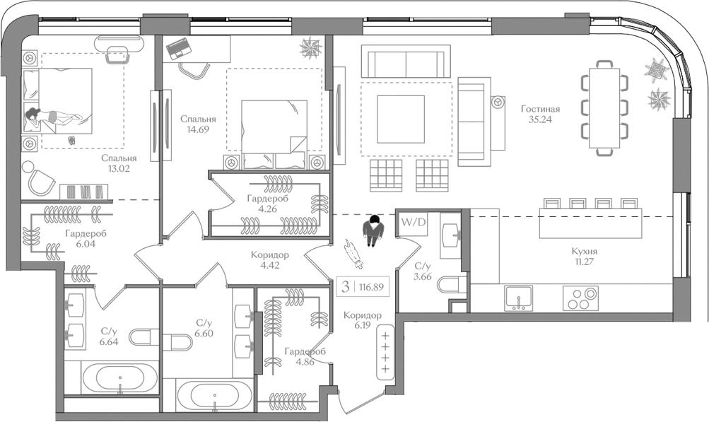 Планировка — Преображенская площадь, 3-комн., 117 м²
