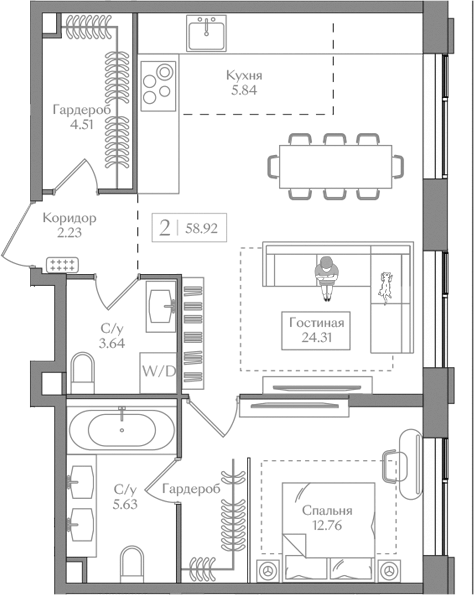 Планировка — Преображенская площадь, 2-комн., 59 м²