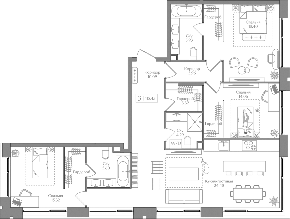 Планировка — Преображенская площадь, 4-комн., 115 м²