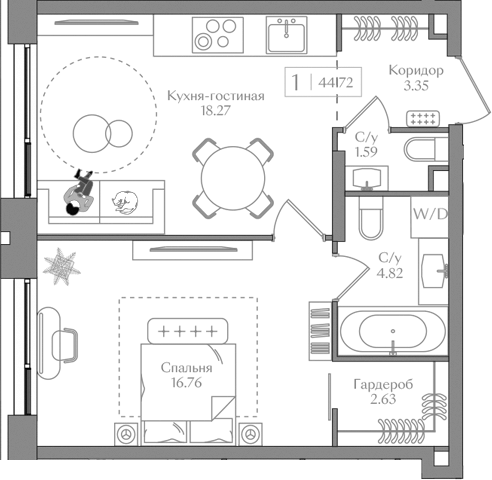 Планировка — Преображенская площадь, 2-комн., 47 м²