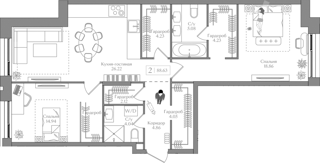 Планировка — Преображенская площадь, 3-комн., 89 м²