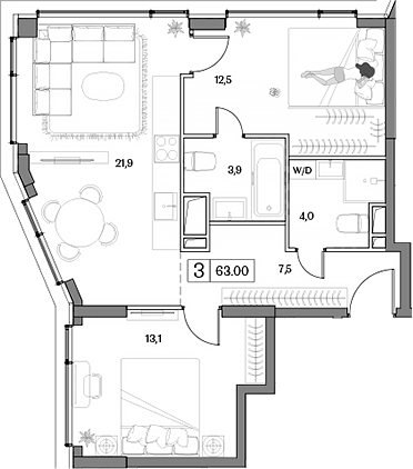 Планировка — Dream RIVA, 3-комн., 63 м²