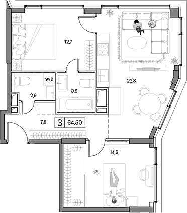 Планировка — Dream RIVA, 3-комн., 65 м²