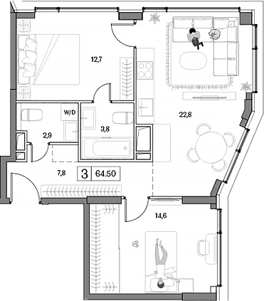 Планировка — Dream RIVA, 3-комн., 65 м²