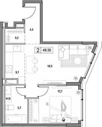 Планировка — Dream RIVA, 2-комн., 48 м²