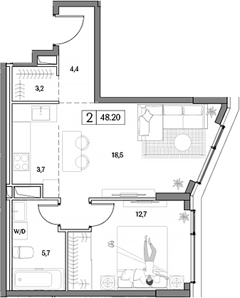 Планировка — Dream RIVA, 2-комн., 48 м²