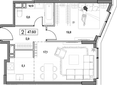 Планировка — Dream RIVA, 2-комн., 48 м²