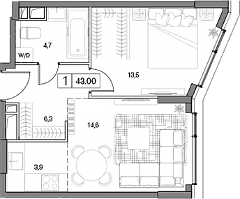 Планировка — Dream RIVA, 2-комн., 43 м²