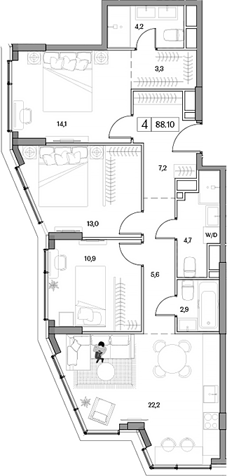Планировка — Dream RIVA, 4-комн., 88 м²