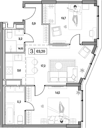 Планировка — Dream RIVA, 3-комн., 63 м²
