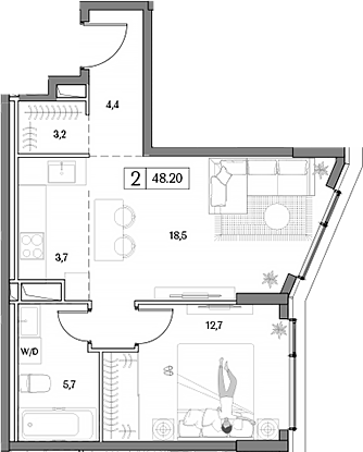 Планировка — Dream RIVA, 2-комн., 48 м²