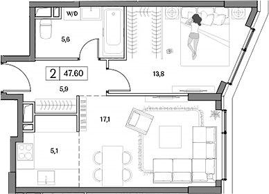 Планировка — Dream RIVA, 2-комн., 48 м²