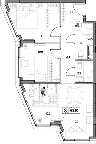 Планировка — Dream RIVA, 3-комн., 62 м²