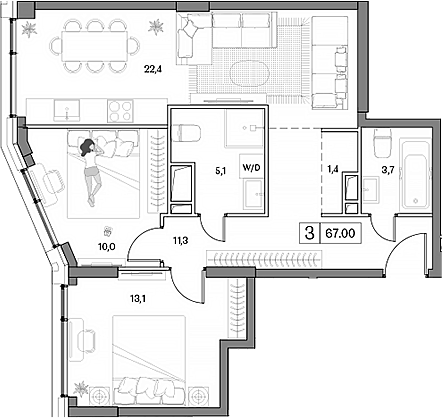 Планировка — Dream RIVA, 3-комн., 67 м²