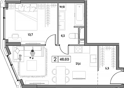 Планировка — Dream RIVA, 2-комн., 47 м²