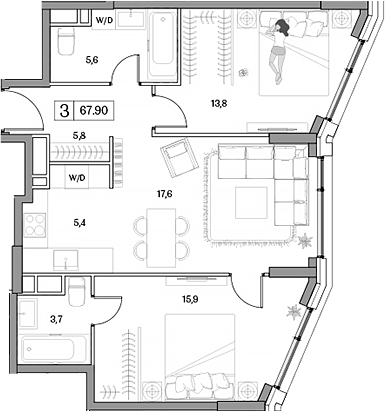 Планировка — Dream RIVA, 3-комн., 68 м²