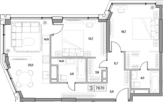 Планировка — Dream RIVA, 3-комн., 80 м²