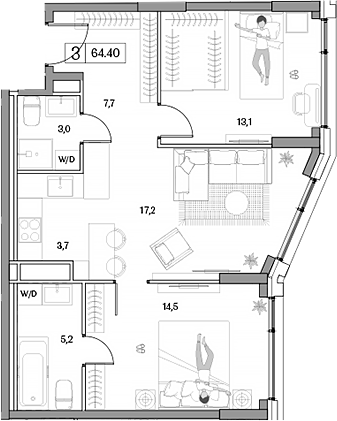 Планировка — Dream RIVA, 3-комн., 64 м²