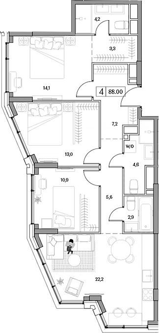 Планировка — Dream RIVA, 4-комн., 87 м²
