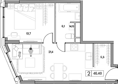 Планировка — Dream RIVA, 2-комн., 46 м²