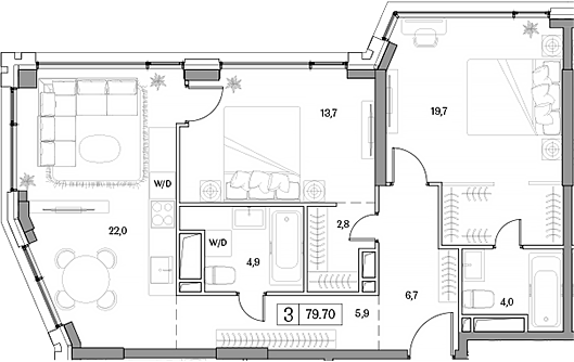 Планировка — Dream RIVA, 3-комн., 80 м²