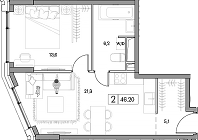 Планировка — Dream RIVA, 2-комн., 46 м²
