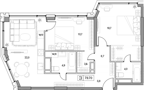 Планировка — Dream RIVA, 3-комн., 80 м²
