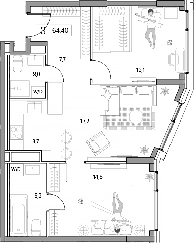 Планировка — Dream RIVA, 3-комн., 64 м²