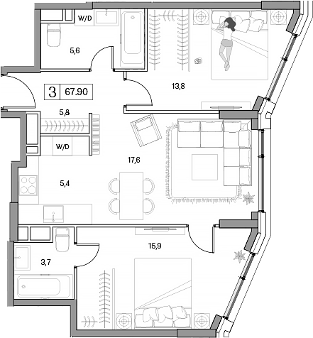 Планировка — Dream RIVA, 3-комн., 68 м²