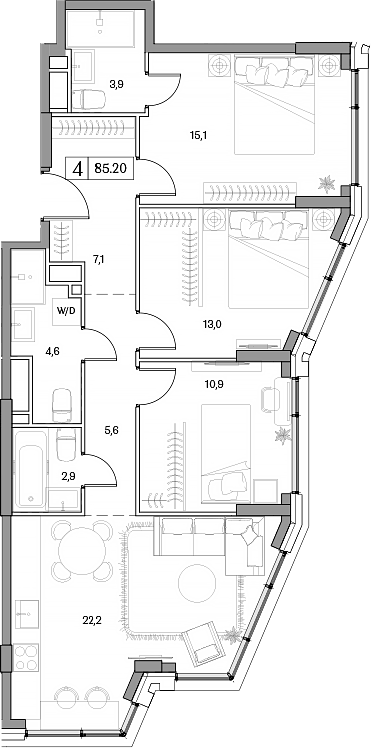 Планировка — Dream RIVA, 4-комн., 85 м²