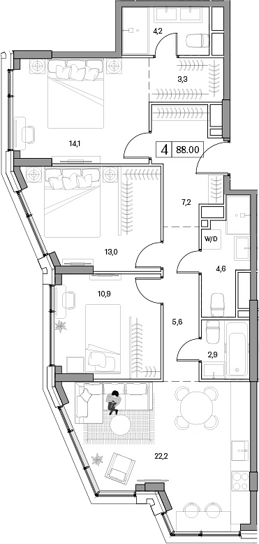 Планировка — Dream RIVA, 4-комн., 88 м²