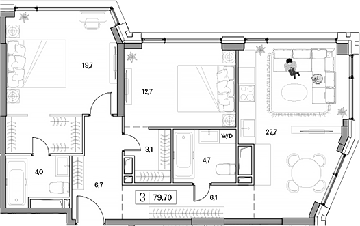 Планировка — Dream RIVA, 3-комн., 80 м²