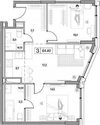 Планировка — Dream RIVA, 3-комн., 64 м²