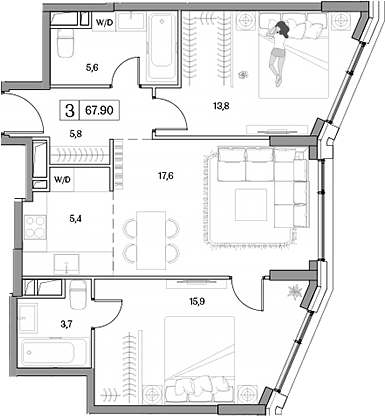 Планировка — Dream RIVA, 3-комн., 68 м²