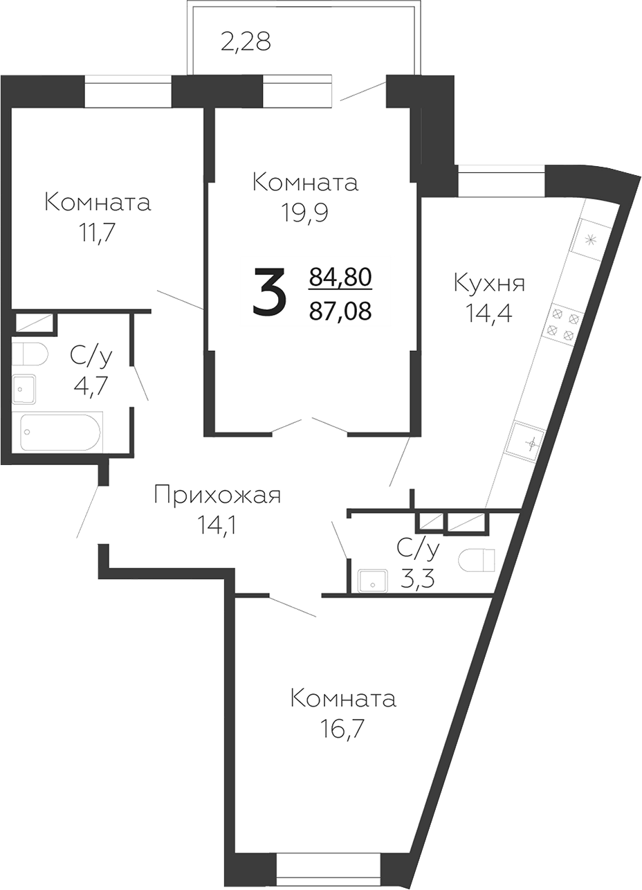 Планировка — Онегин. ГК Развитие, 3-комн., 85 м²