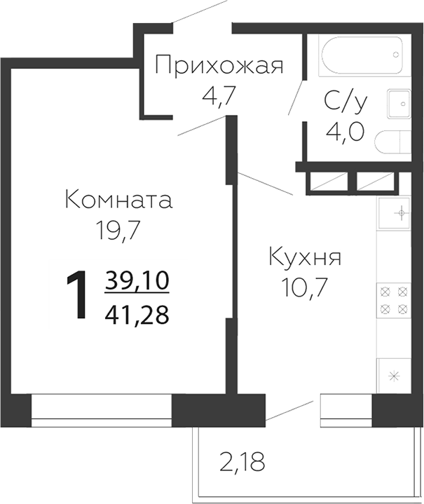 Планировка — Онегин. ГК Развитие, 1-комн., 39 м²