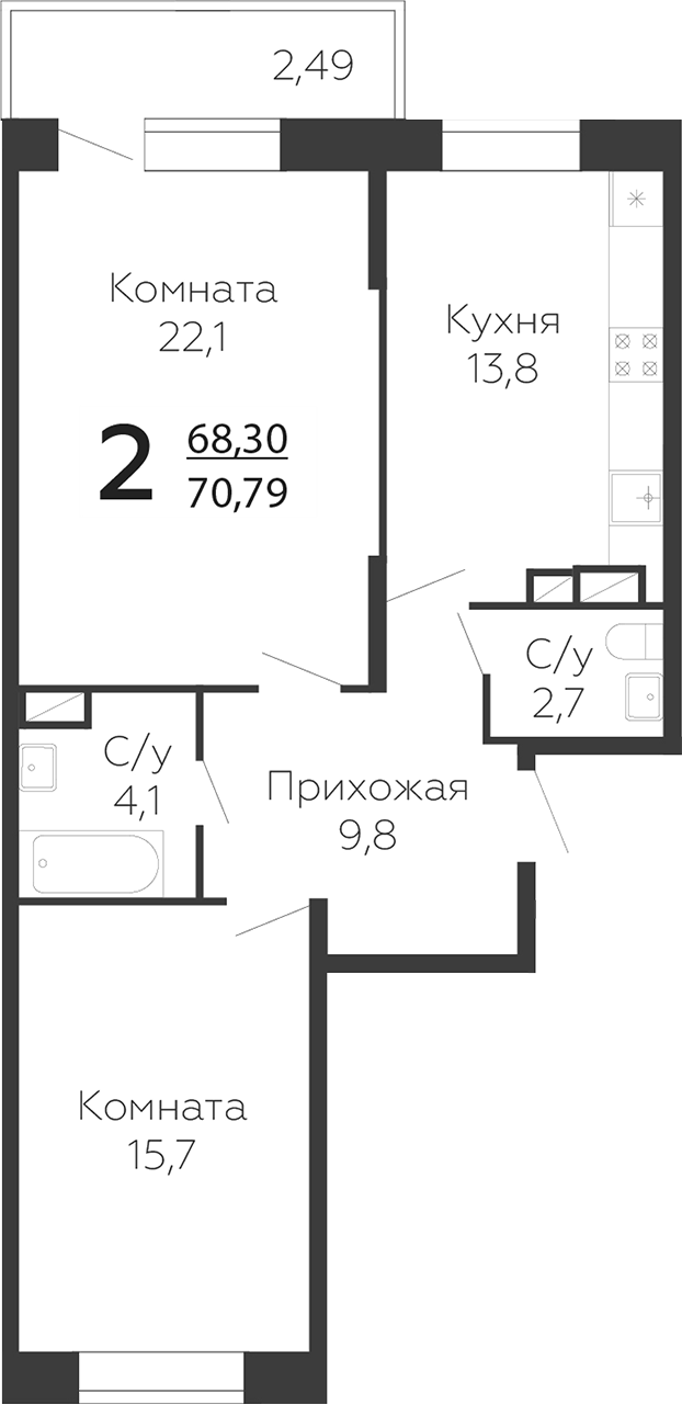Планировка — Онегин. ГК Развитие, 2-комн., 68 м²
