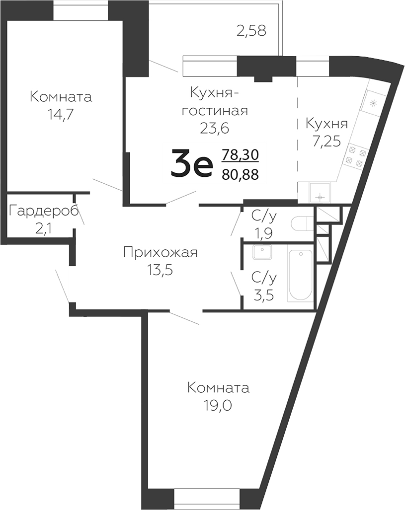 Планировка — Онегин. ГК Развитие, 3-комн., 78 м²