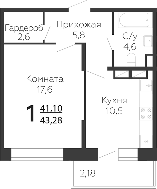 Планировка — Онегин. ГК Развитие, 1-комн., 41 м²