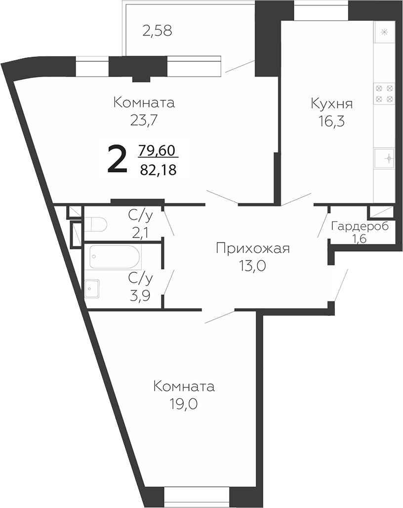 Планировка — Онегин. ГК Развитие, 2-комн., 80 м²