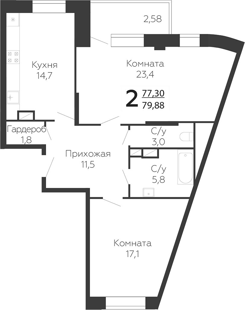 Планировка — Онегин. ГК Развитие, 2-комн., 77 м²
