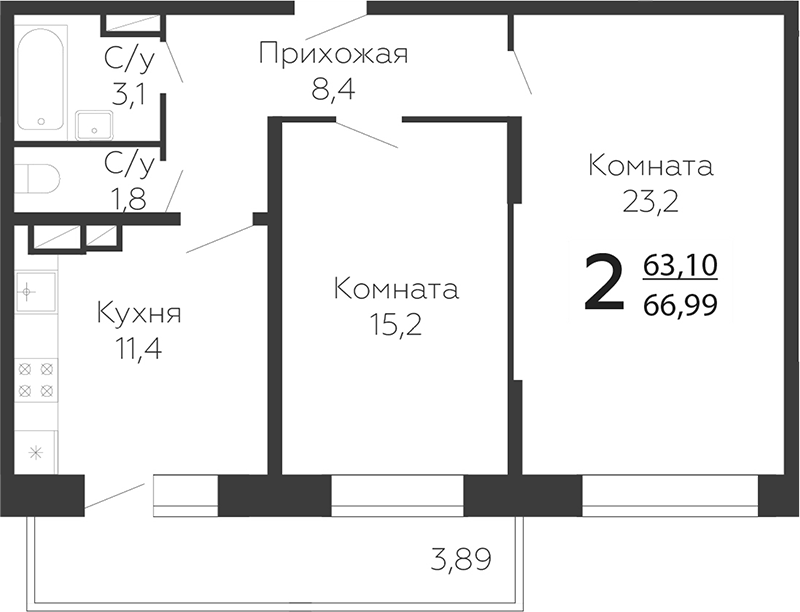 Планировка — Онегин. ГК Развитие, 2-комн., 63 м²