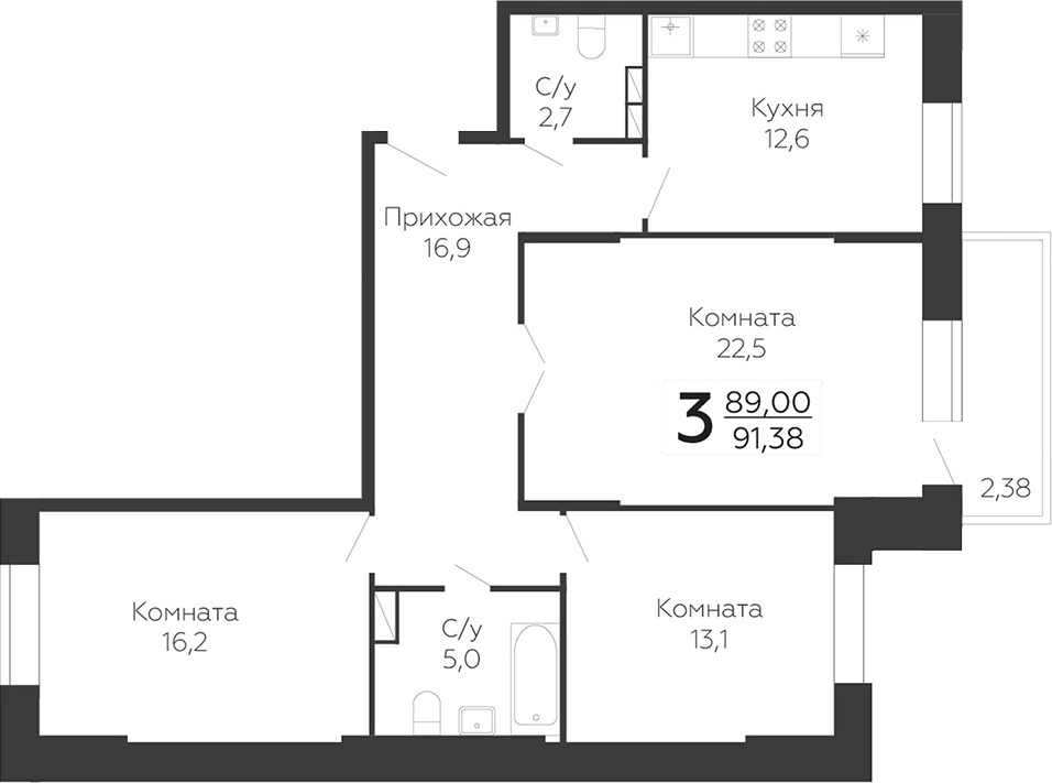 Планировка — Онегин. ГК Развитие, 3-комн., 89 м²
