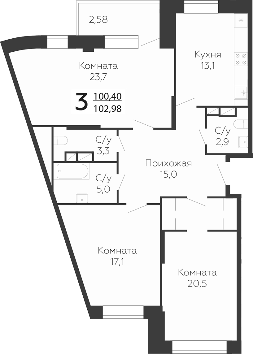 Планировка — Онегин. ГК Развитие, 3-комн., 100 м²