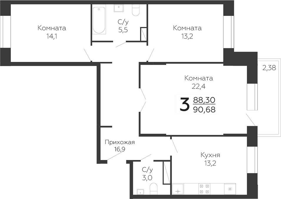 Планировка — Онегин. ГК Развитие, 3-комн., 88 м²