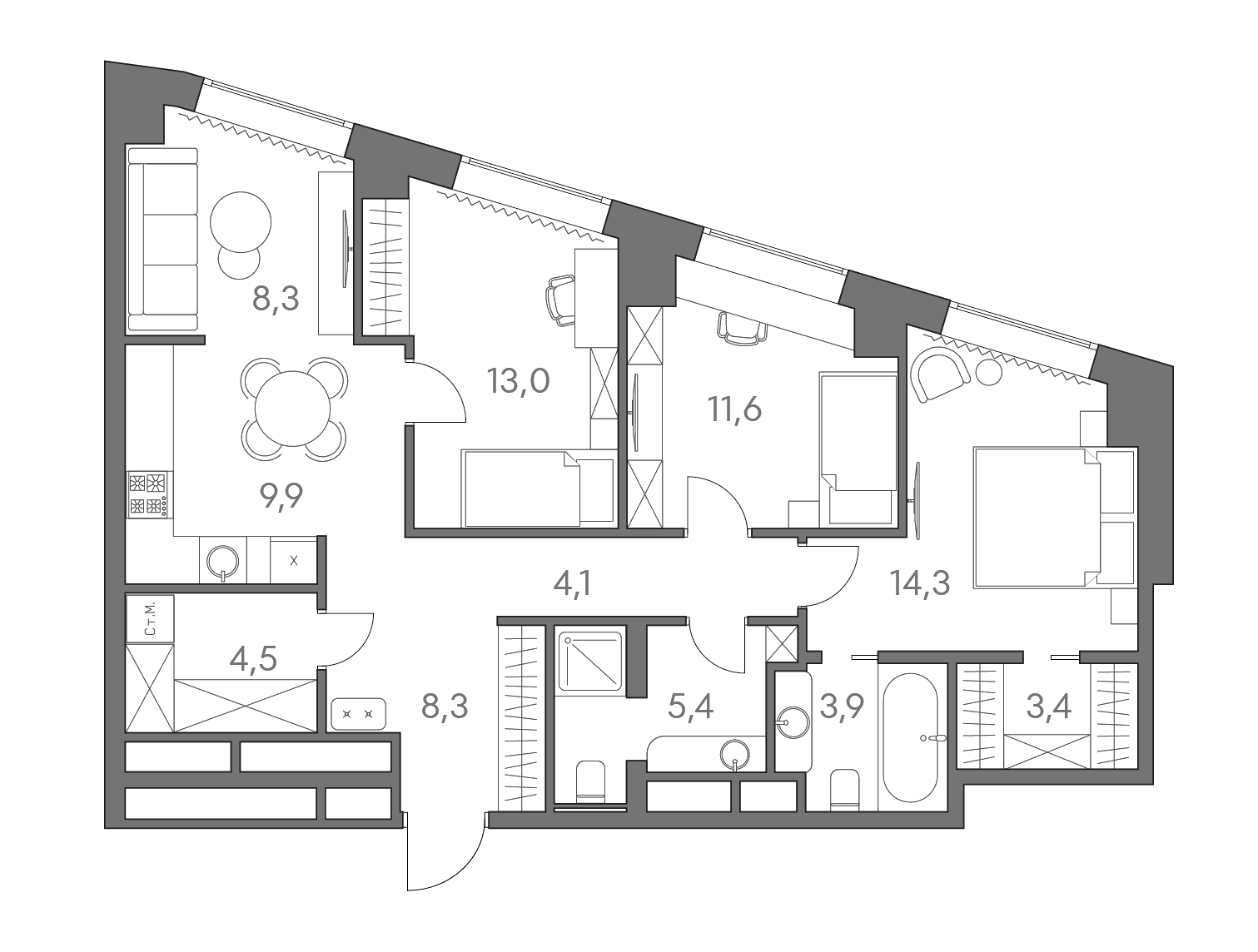 Планировка — Родина Парк, 4-комн., 87 м²