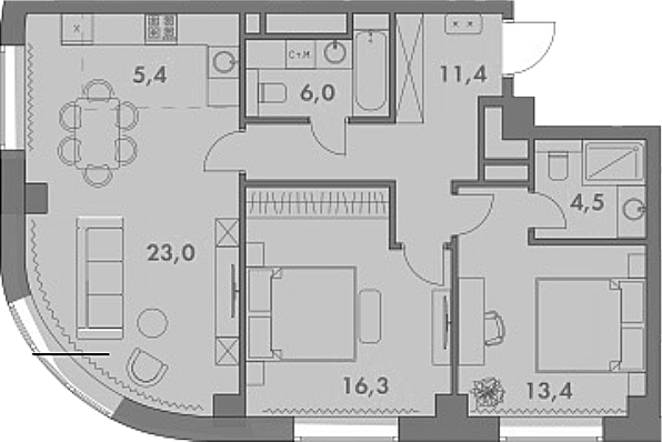 Планировка — Родина Парк, 3-комн., 80 м²