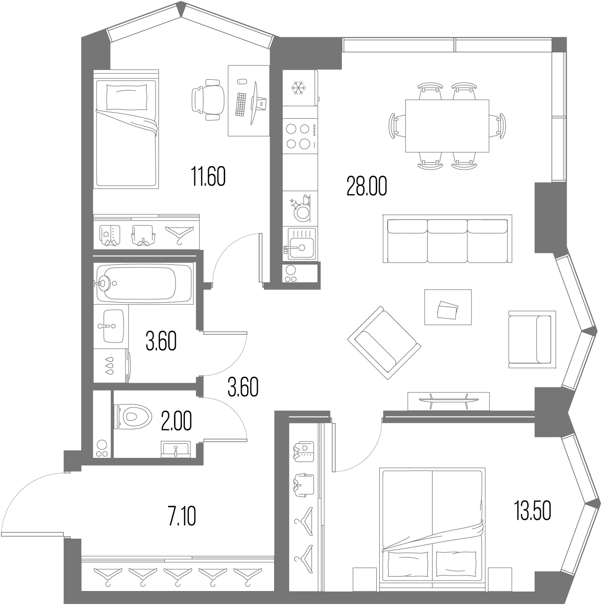 Планировка — Северный Порт, 3-комн., 69 м²